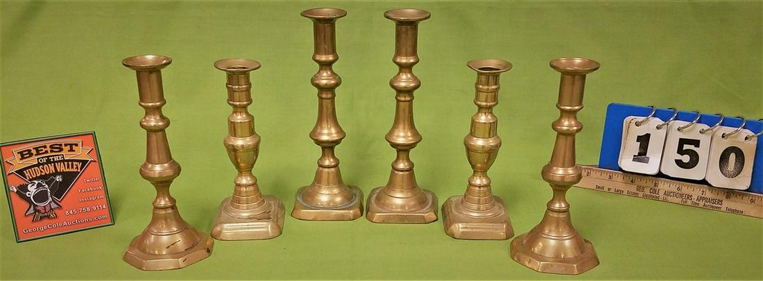 TRAY/ 6-18th c. BRASS CANDLESTICKS (1 of 2)