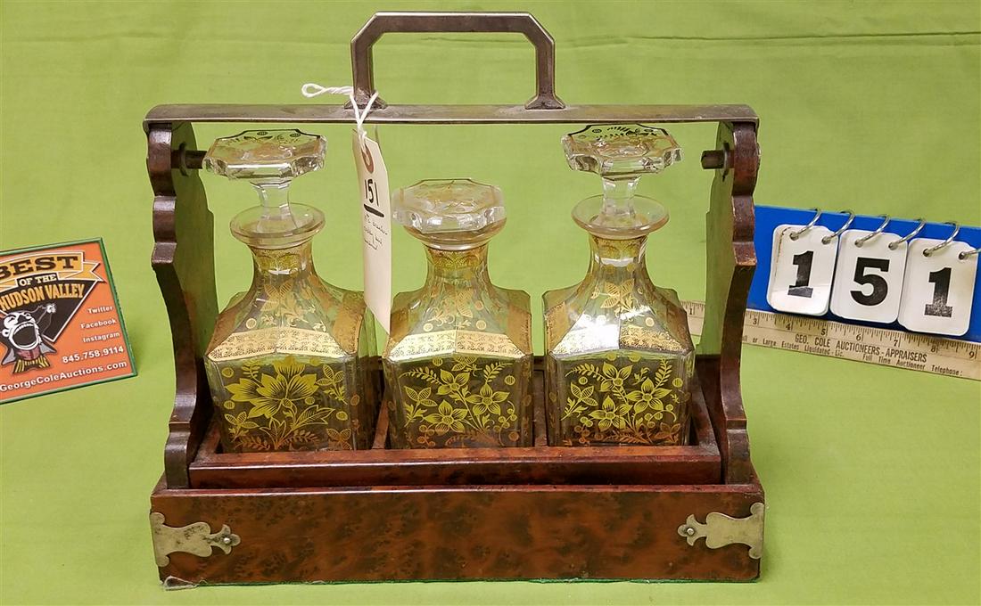 19th c. BURL WALNUT DECANTER CADDY W/ 3 GILT DEC. (1 of 7)