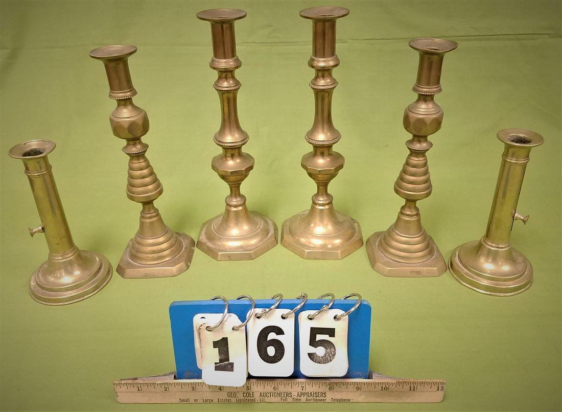 TRAY/ 6 18th c. BRASS CANDLESTICKS (1 of 3)