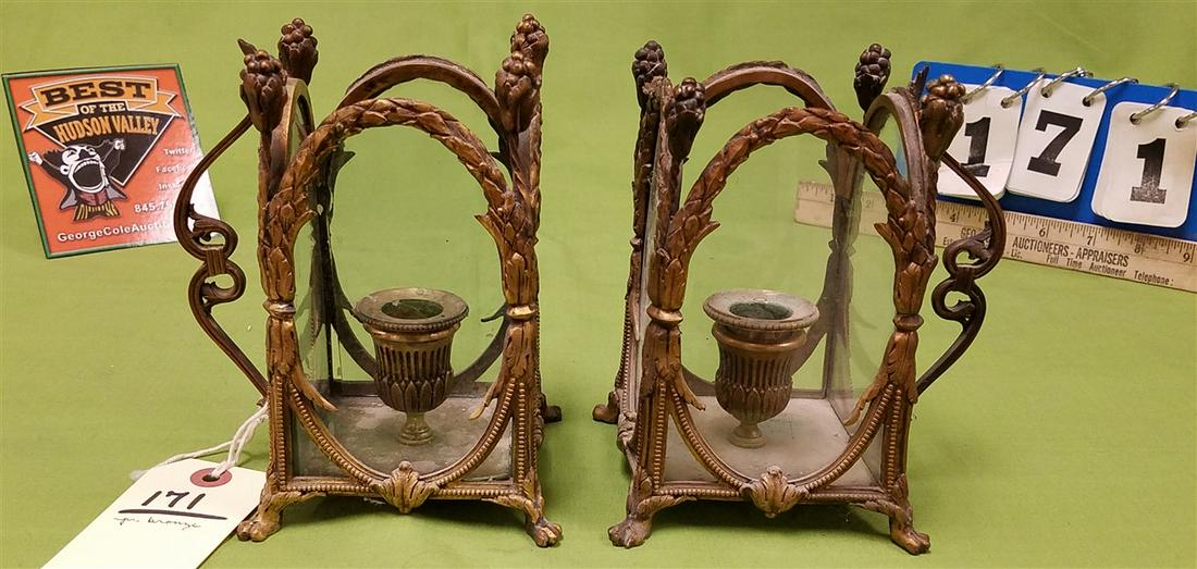 PR. BRONZE HURRICANE CANDLESTICKS, 6.5"H X 4" SQ. (1 of 3)