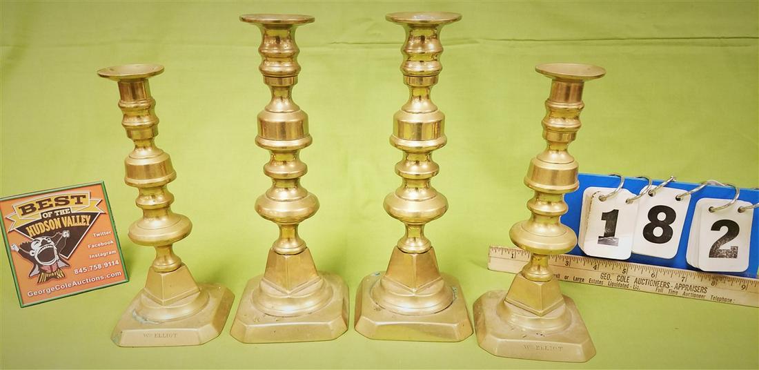TRAY SET 4 18TH C BRASS CANDLESTICKS 1 SGND WM ELLIOT (1 of 2)