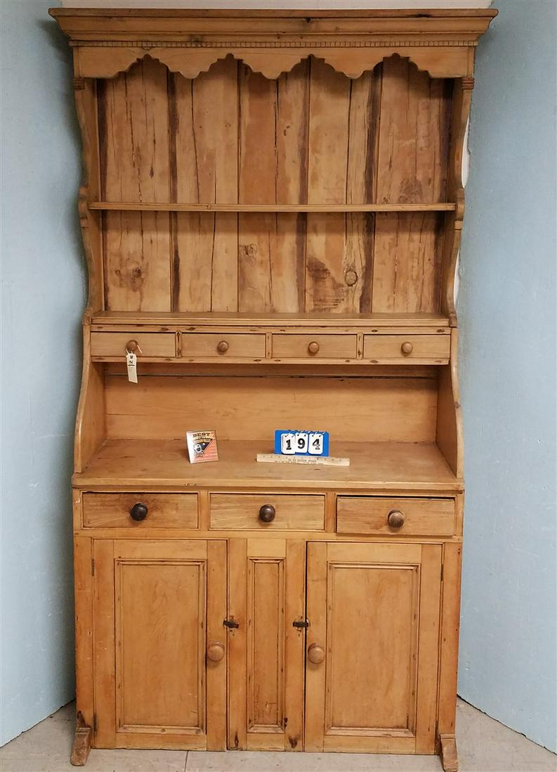 19TH C PINE SHOE FOOT STEP BACK HUTCH 7'7"H X 4'W X (1 of 2)