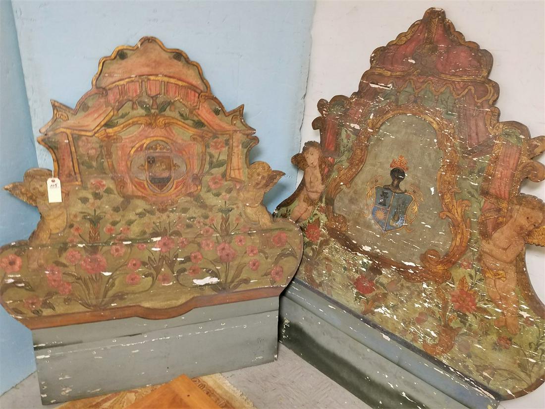 PR 19TH C POLYCHROMED HEADBOARDS 68"H X 54"W AND 62"H X: PR 19TH C POLYCHROMED HEADBOARDS 68"H X 54"W AND 62"H X 54"W