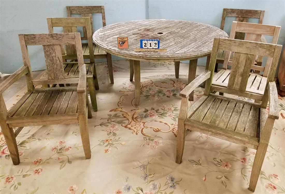 FRONT GATE TEAK 59 1/2" DIAM TABLE W/ 4 ARMCHAIRS AND 2 (1 of 5)