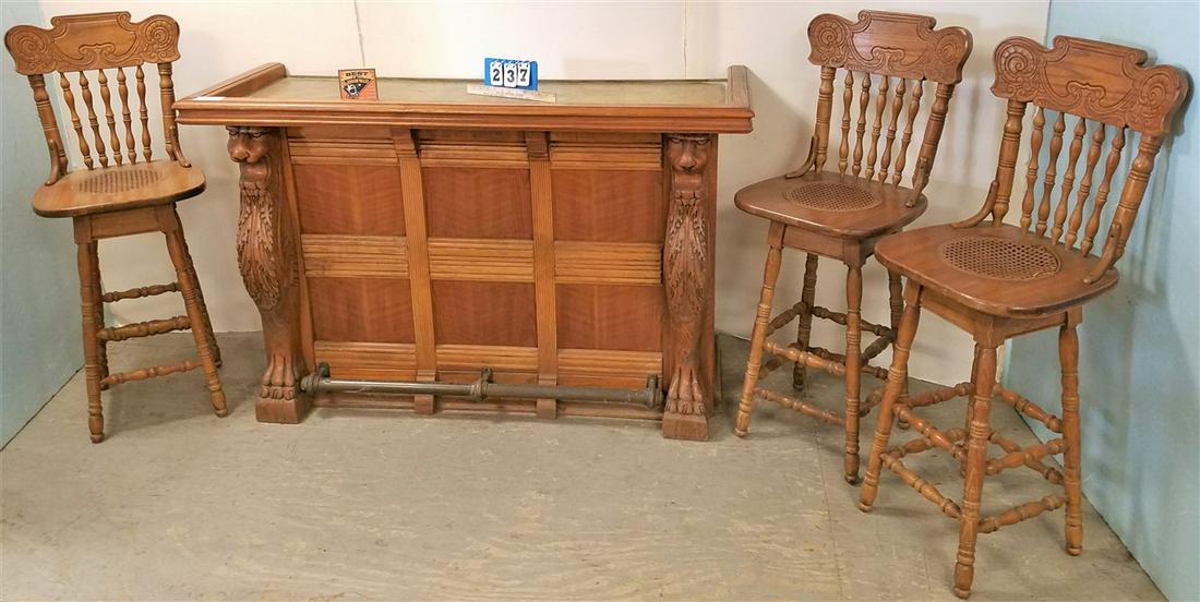 OAK BAR, 38"H X 5'W X 22"D W/ 3 BAR STOOLS (1 of 6)