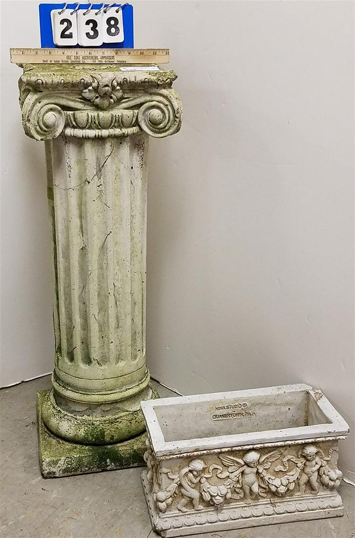 CAST CEMENT COLUMN, 33.5"H X 11.5" SQ. + PLANTER, 8"H X (1 of 2)