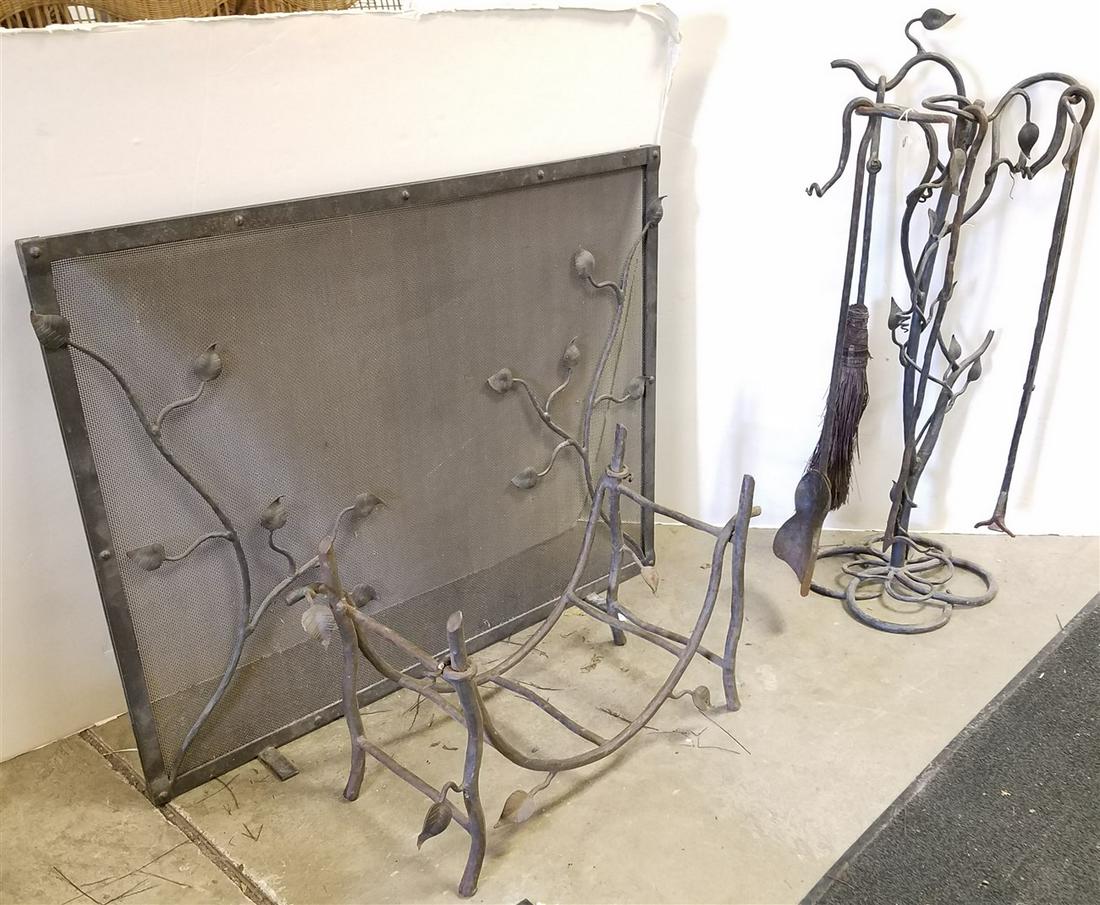 WROUGHT FIREPLACE TOOLS, SCREEN, + LOG CRADLE (1 of 2)