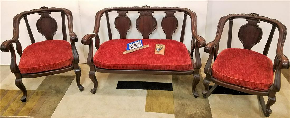 c.1915 3PC. MAGOG. PARLOR SET-SETTEE 3'10"W, ROCKER + (1 of 3)