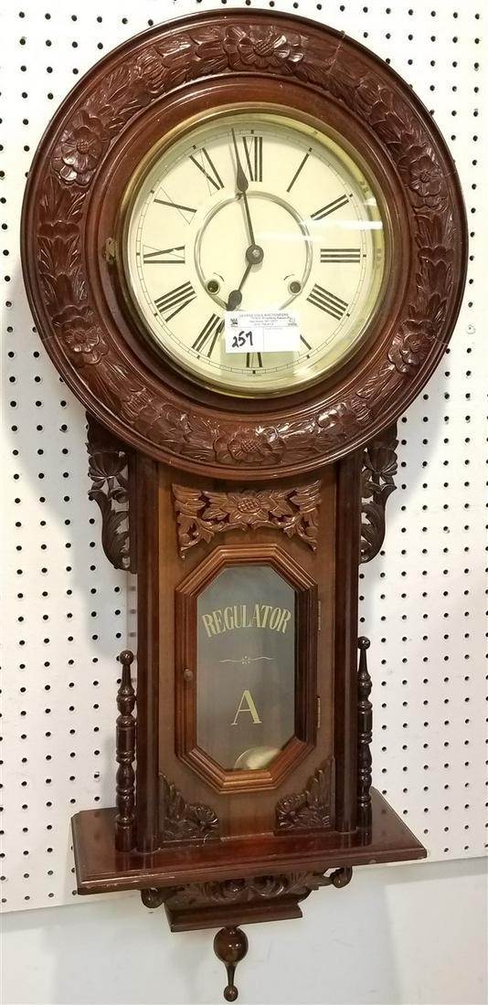 CARVED MAHOG. REGULATOR CLOCK 40"H X 17"W (1 of 5)