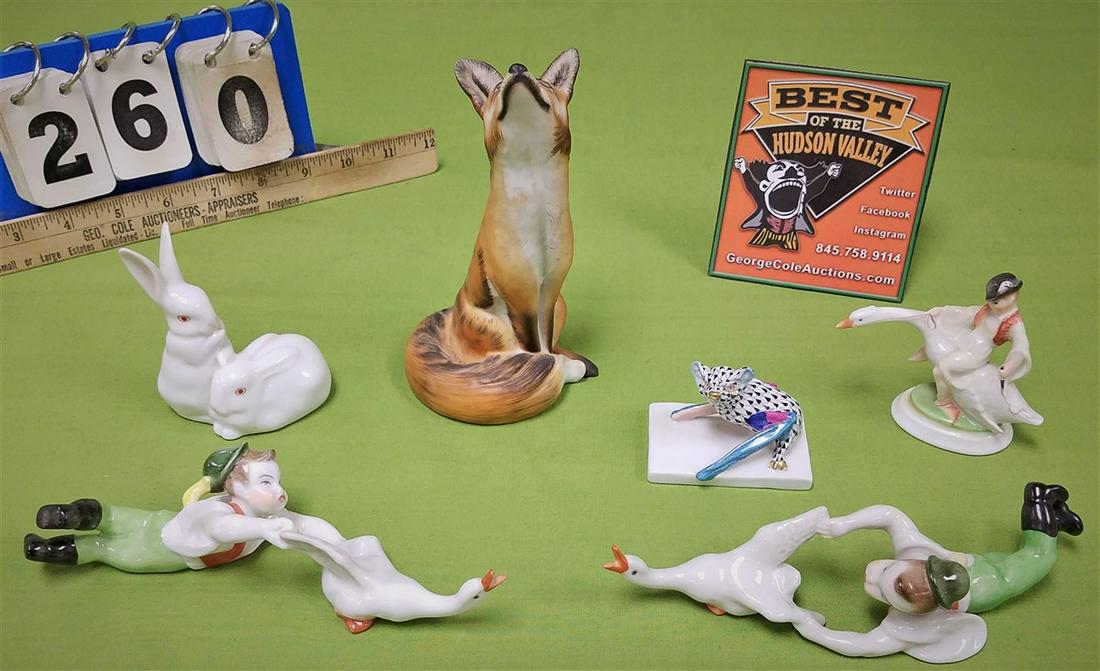 TRAY/ 6PCS. HEREND, FIGURINE-FOX 6.5", RABBITS-3.5", (1 of 4)
