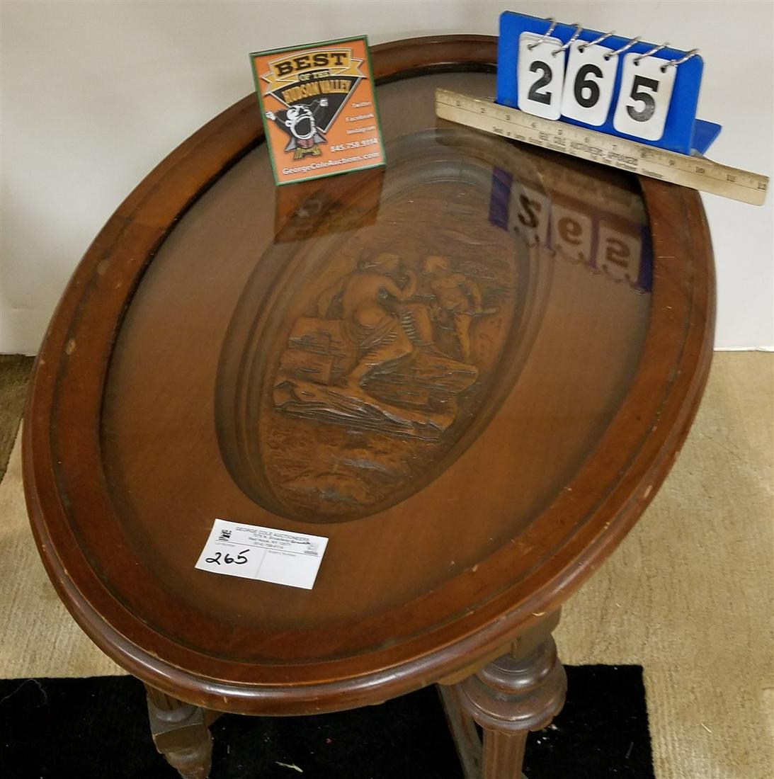 WALNUT TRAY TOP COFFEE TABLE W/ HIGH RELIEF CARVED TOP, (1 of 3)