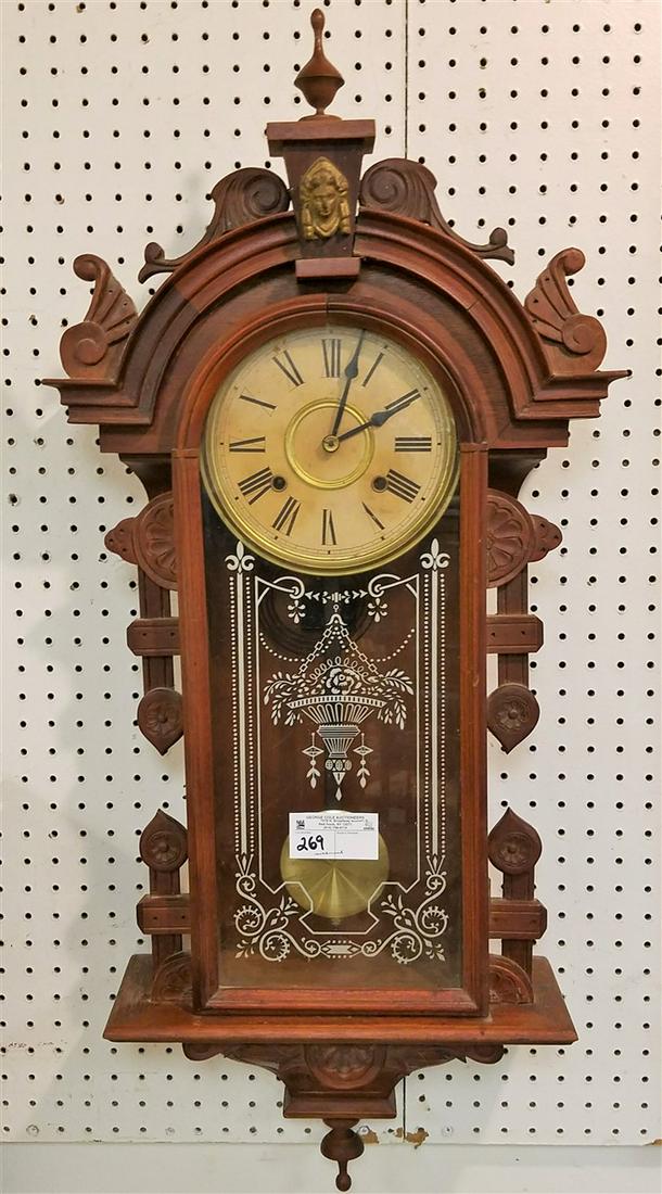 VICT. STYLE WALNUT WALL CLOCK, 39"H X 17.5"W (1 of 4)