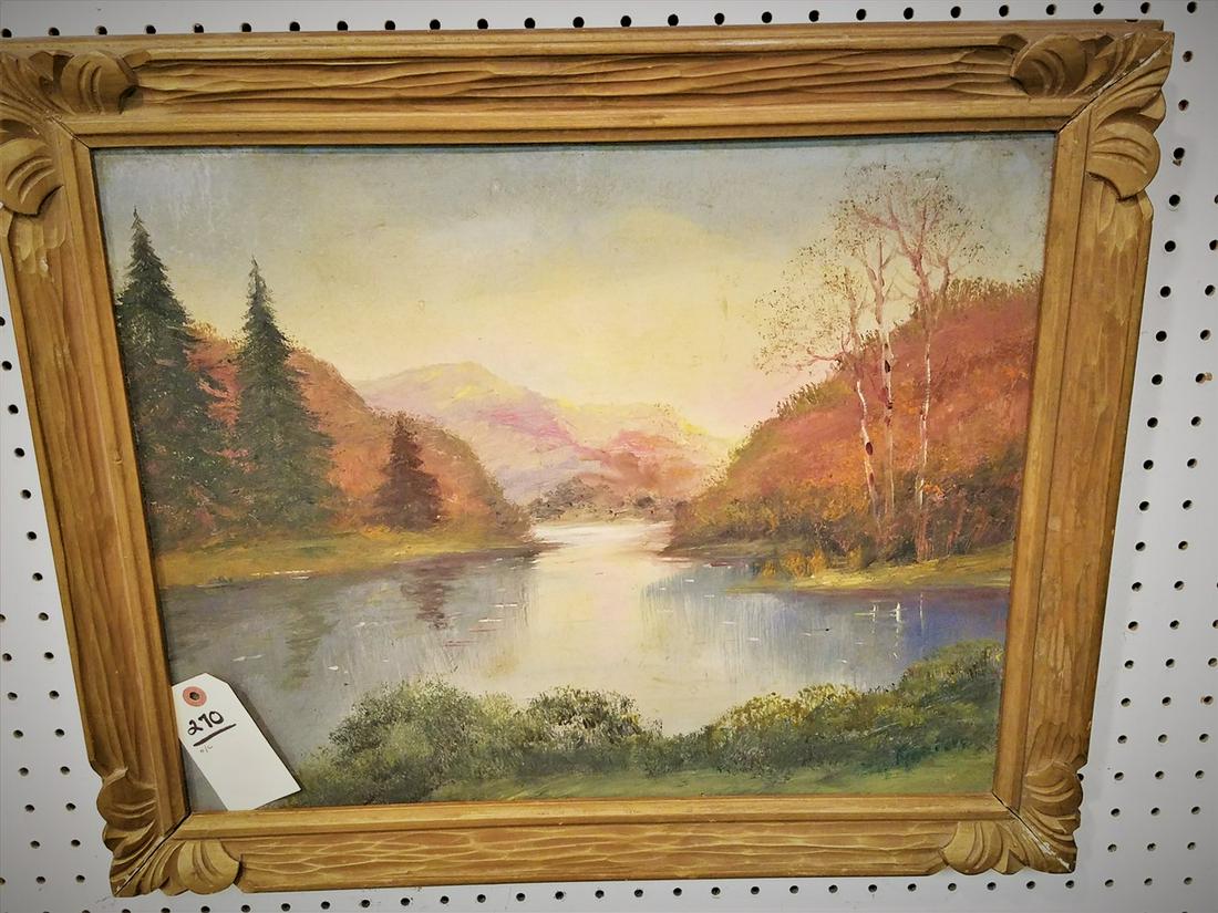 FRAMED O/B LANDSCAPE, SGND. 20" X 16" IN CARVED WOODEN (1 of 2)