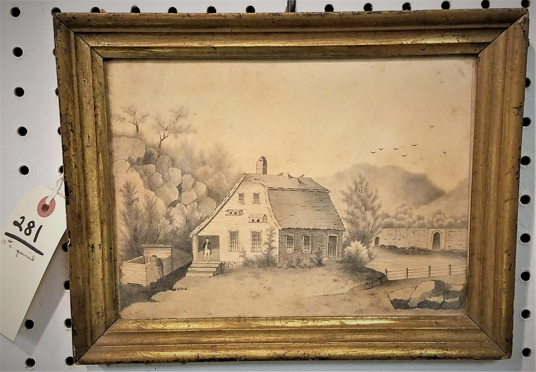 FRAMED 19th c. PENCIL DRAWING LANDSCAPE W/ COTTAGE. 7" (1 of 2)