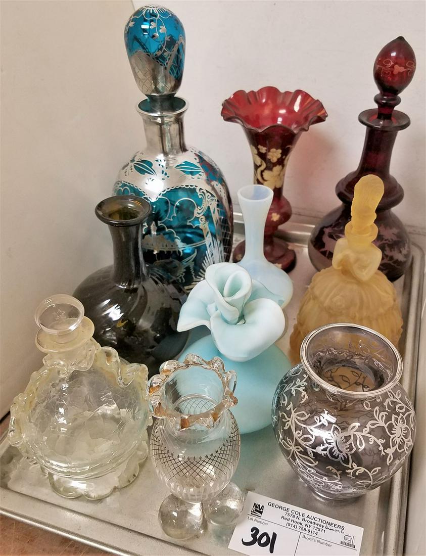 TRAY ART GLASS BOTTLES AND VASES, BLUE DECANTER W/ (1 of 4)