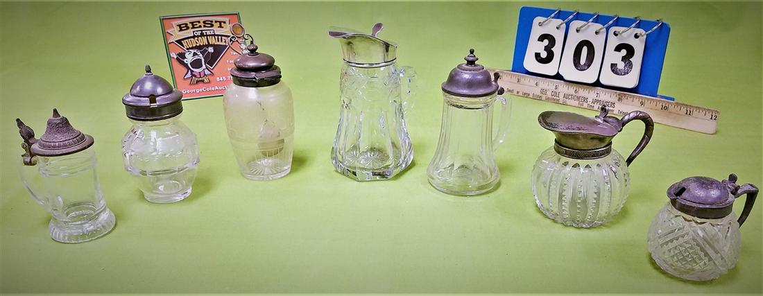 TRAY/ 5 CUT GLASS + 2 PRESSED GLASS SYRUP PITCHERS + (1 of 3)