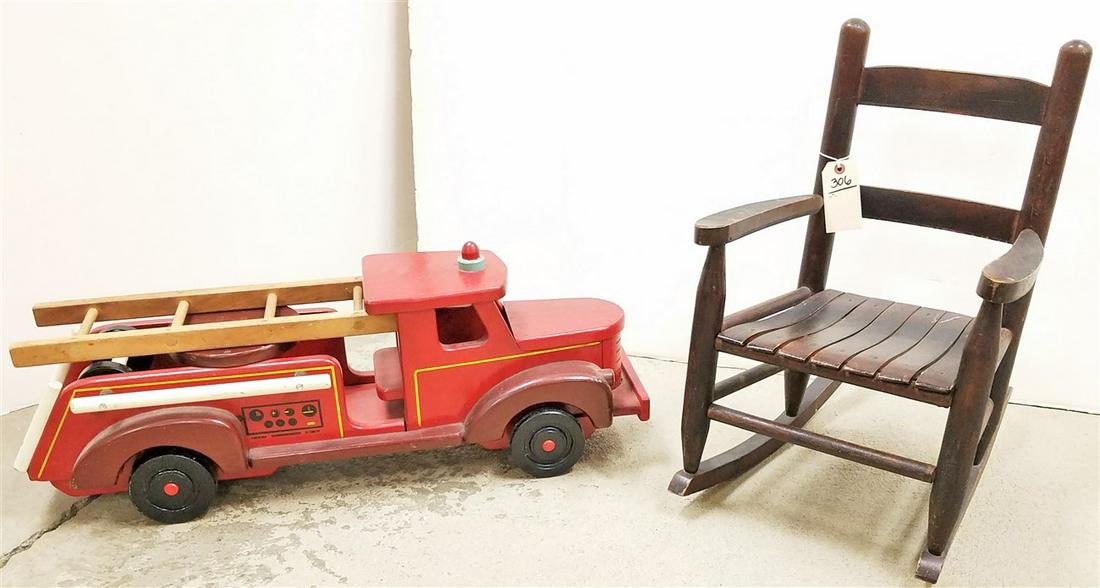 19th c. CHILD'S ROCKER W/ WOODEN FIRETRUCK: 19th c. CHILD'S ROCKER W/ WOODEN FIRETRUCK