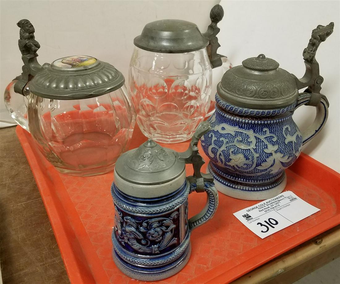 TRAY/ 4 STEINS-CUT GLASS W/ PORCELAIN MEDALLION IN LID, (1 of 2)