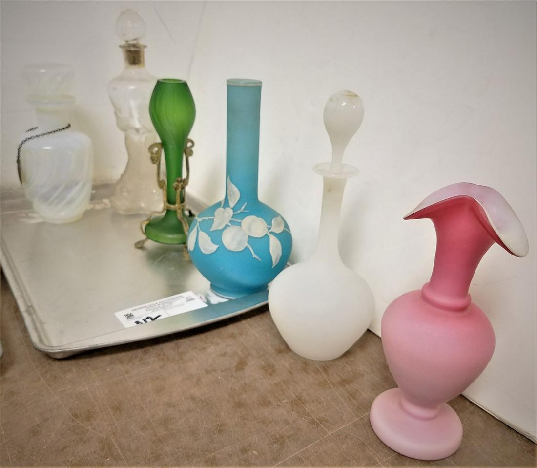 TRAY/ ART GLASS-3 BOTTLES, 7" OPALESCENT, 9.5" DOLPHIN: TRAY/ ART GLASS-3 BOTTLES, 7" OPALESCENT, 9.5" DOLPHIN BASE, 8" FROSTED, 3 VASES 7.5 AND 6.5" SATIN GLASS, ART NOUVEAU GREEN VASE IN BRONZE FORM, 7"