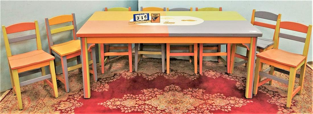PTD. STICKLEY TABLE 29"H X 6'L X 3'W W/ 8 CHAIRS: PTD. STICKLEY TABLE 29"H X 6'L X 3'W W/ 8 CHAIRS