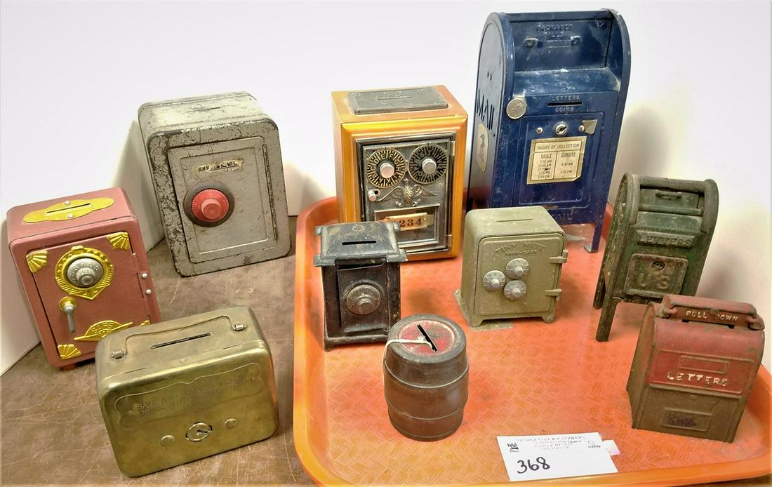 TRAY/ 10 STILL BANKS-2 CAST IRON POST BOXES-5.5" AIR (1 of 1)