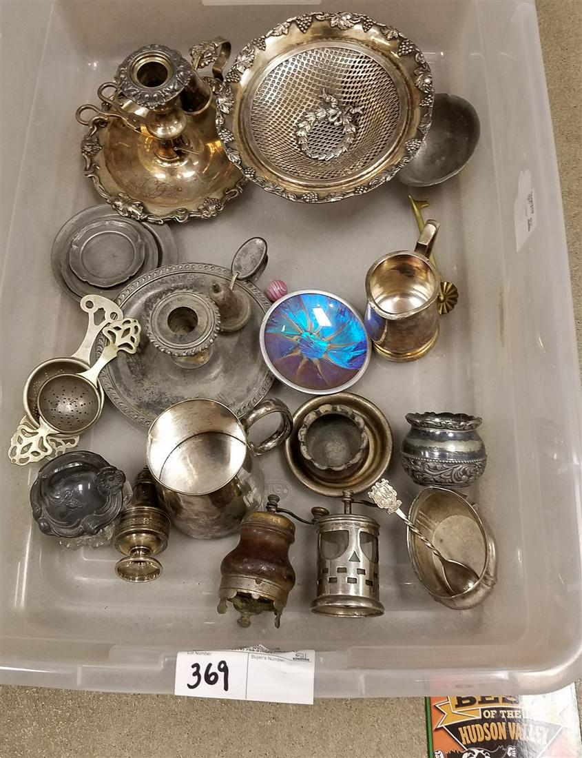 TUB/ SILVERPLATE + PEWTER-CHAMBER STICKS, COMPOTE, ETC. (1 of 2)