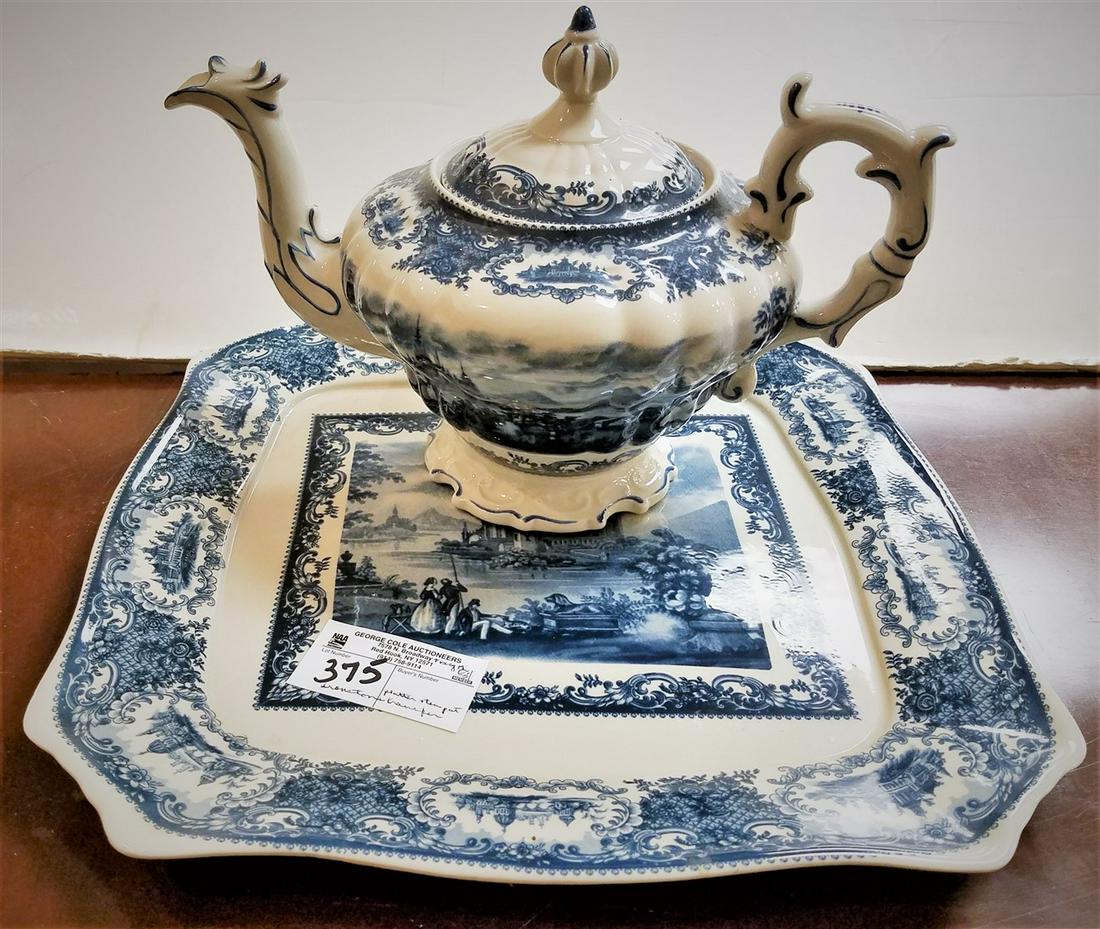 IRONSTONE TRANSFER PLATTER, 15.25"SQ. + TEA POT (1 of 5)