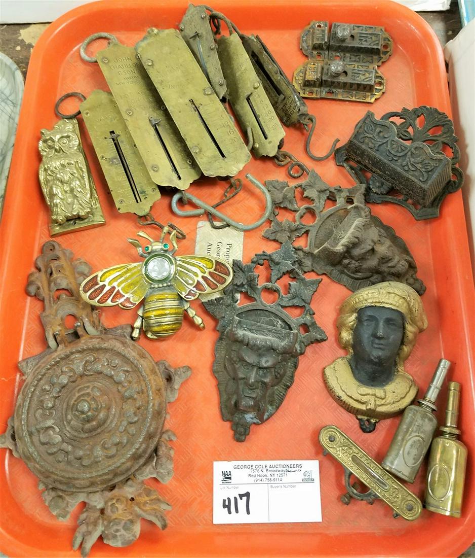 TRAY/ 19th c. SCALES, MATCH SAFES, DOOR KNOCKERS, ETC. (1 of 1)