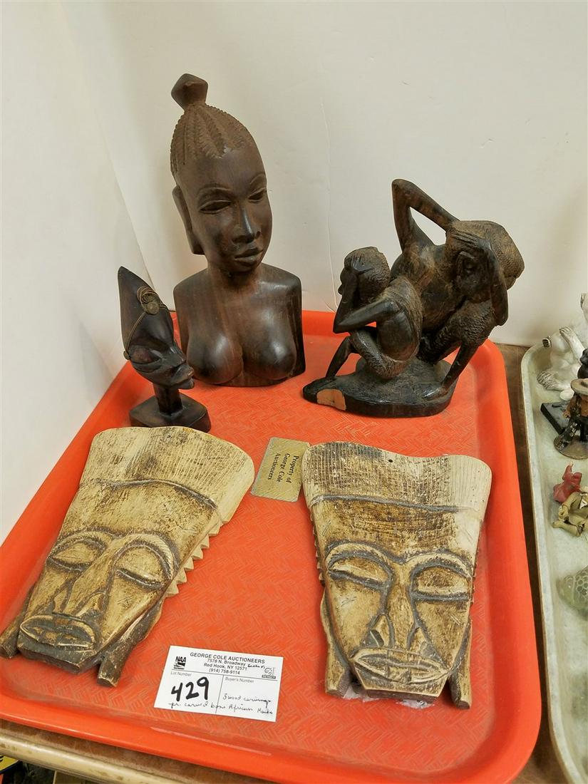 TRAY. PR. AFRICAN CARVED BONE MASKS, 8"H X 5.75"W, 3: TRAY. PR. AFRICAN CARVED BONE MASKS, 8"H X 5.75"W, 3 AFRICAN CARVED WOOD FIGURES, 10", 8", + 6"