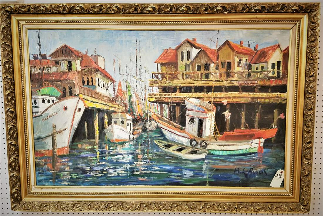 FRAMED O/C DOCK SCENE, SGND. B.K. RUSSEL, 30" X 48" (1 of 1)