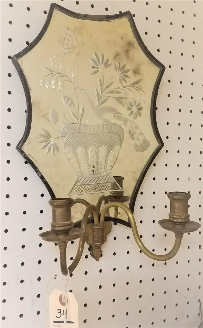 c.1900 ETCHED BACK MIRRORED 2 CANDLE SCONCE, 15.5" X (1 of 1)