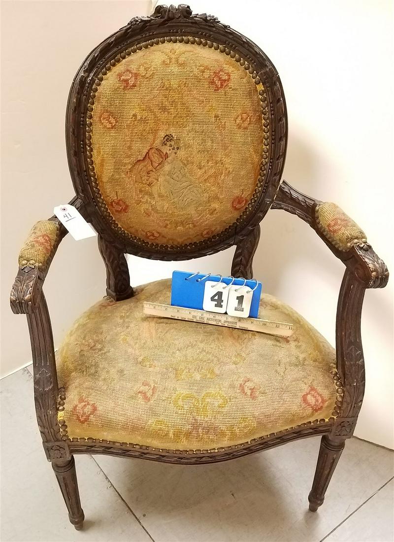 c.1910 CARVED FRAME ARMCHAIR W/ NEEDLEPOINT UPHOLS. (1 of 3)