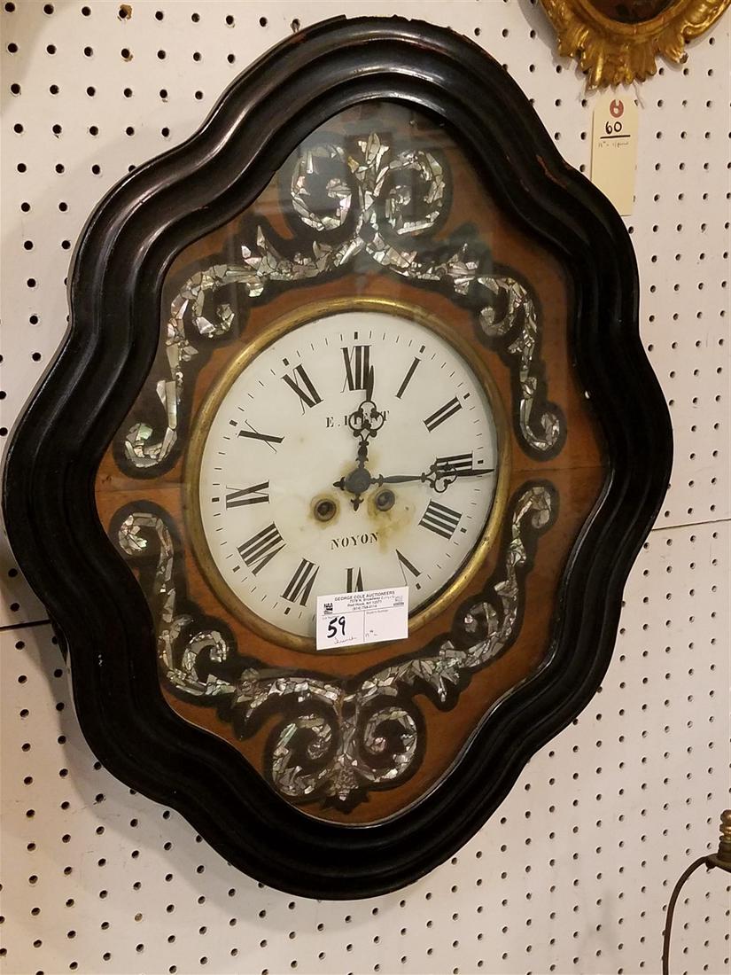 FRENCH 19th c. OEIL DE BOEUF CLOCK W. WOOD, PEWTER, + (1 of 2)