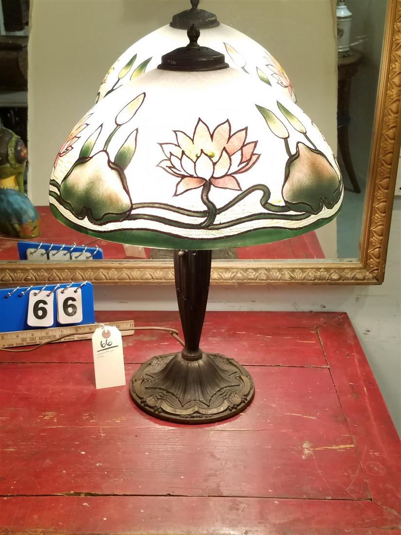 VINTAGE c.1915 METAL BASE TABLE LAMP W/ ETCHED + PTD. (1 of 1)
