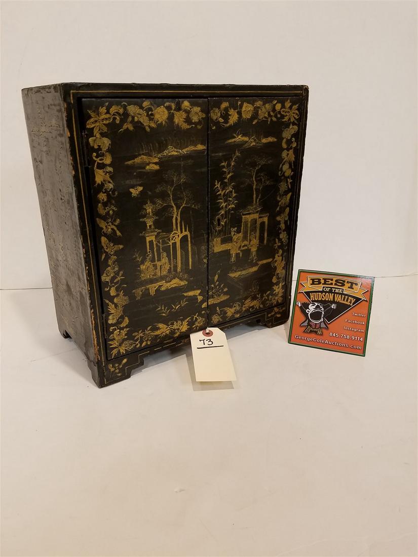 CHINESE LACQUER 2 DOOR JEWELRY CABINET W/ 5 INTERIOR (1 of 3)