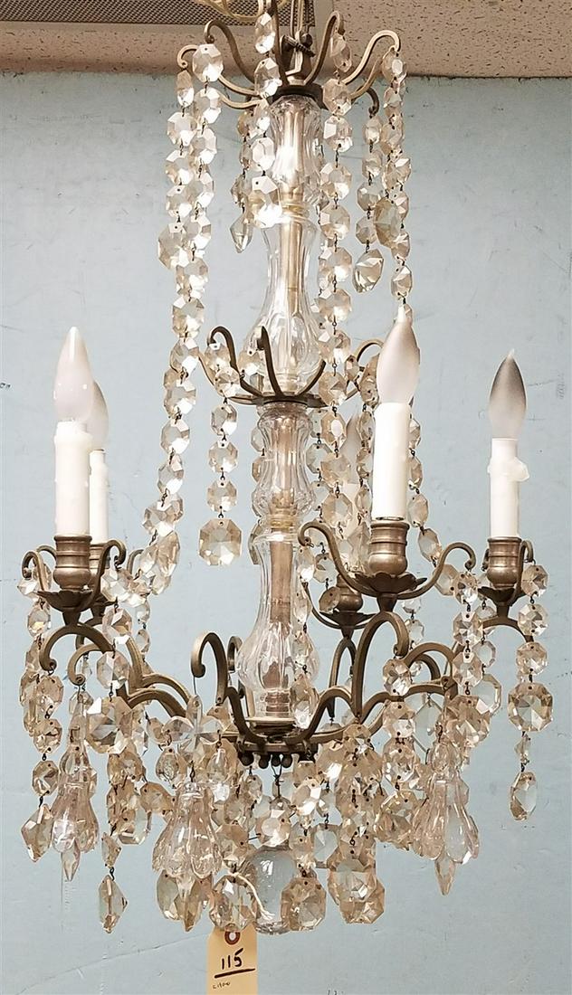 c.1900 BRASS & CRYSTAL CHANDELIER, 31"H X 17" DIAM. (1 of 2)