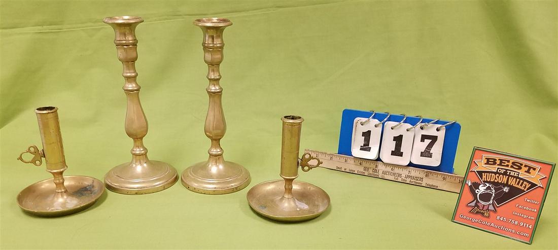 TRAY 2 PR. 18th c. BRASS CANDLESTICKS, 10" + 6" (1 of 1)