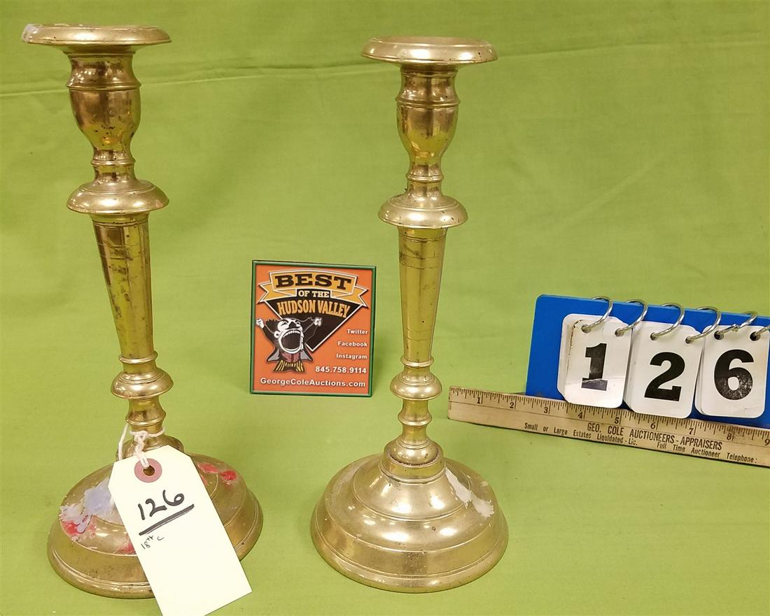 PR. 18th c. BRASS CANDLESTICKS, 11" (1 of 2)