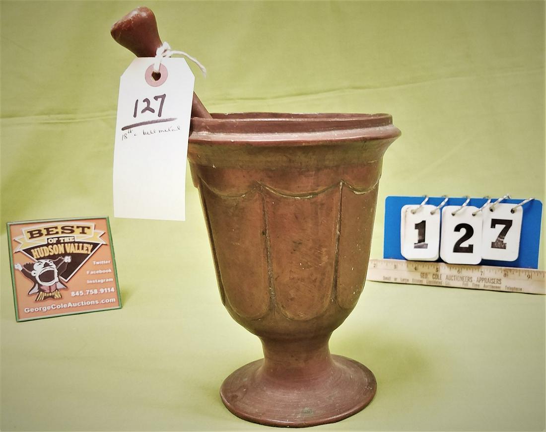 18th BELL METAL BRONZE MORTAR + PESTLE, 8"H X 6.25" (1 of 6)