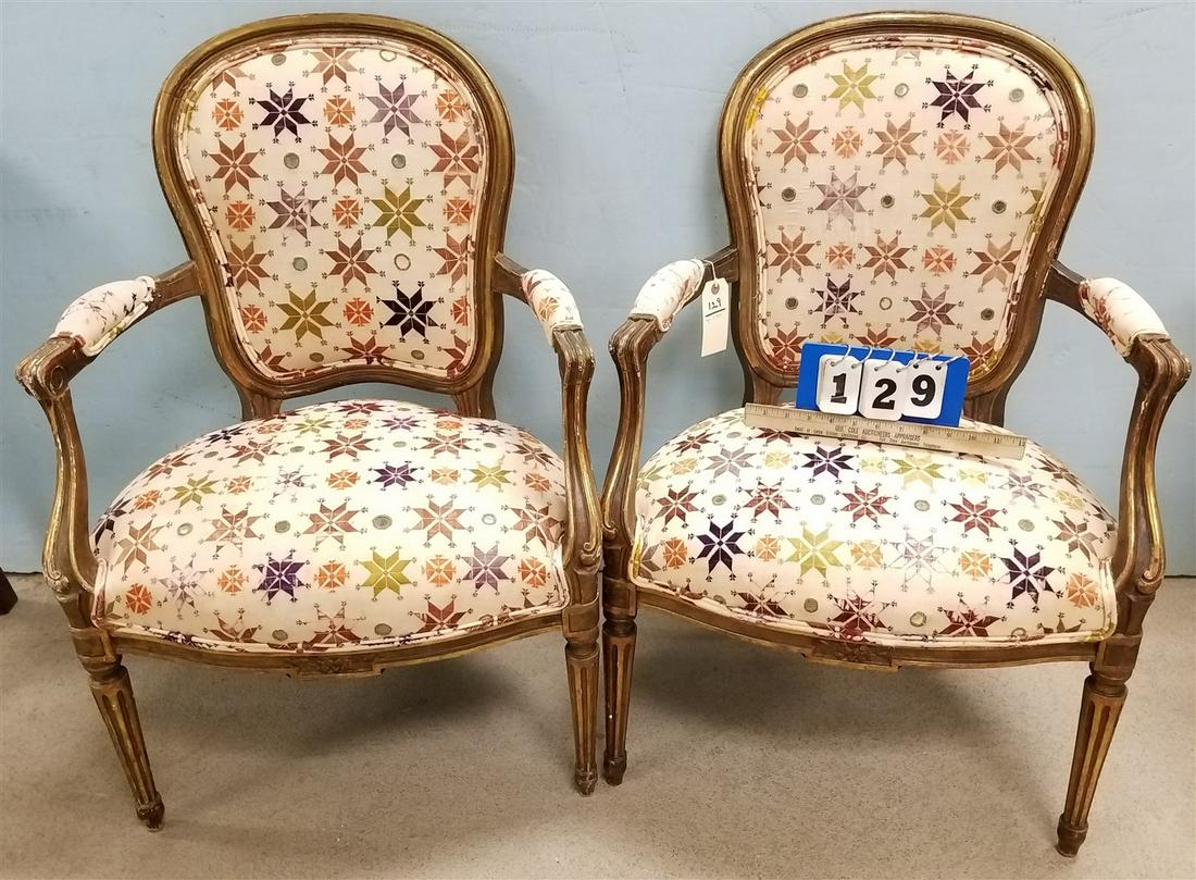 c.1900 PR. GILT + UPHOLS. ARM CHAIRS (1 of 2)