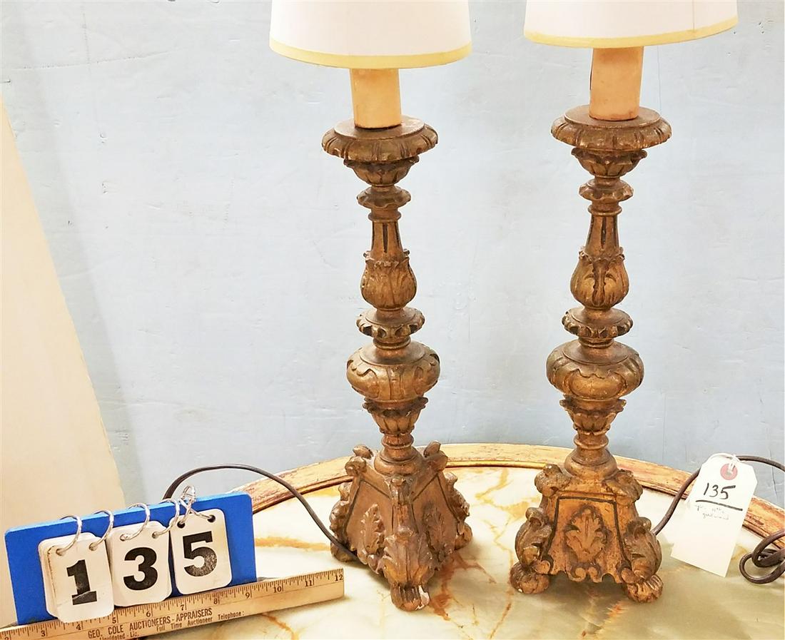 PR. 19th c. GILT WOOD CANDLESTICKS MADE INTO LAMPS, (1 of 2)