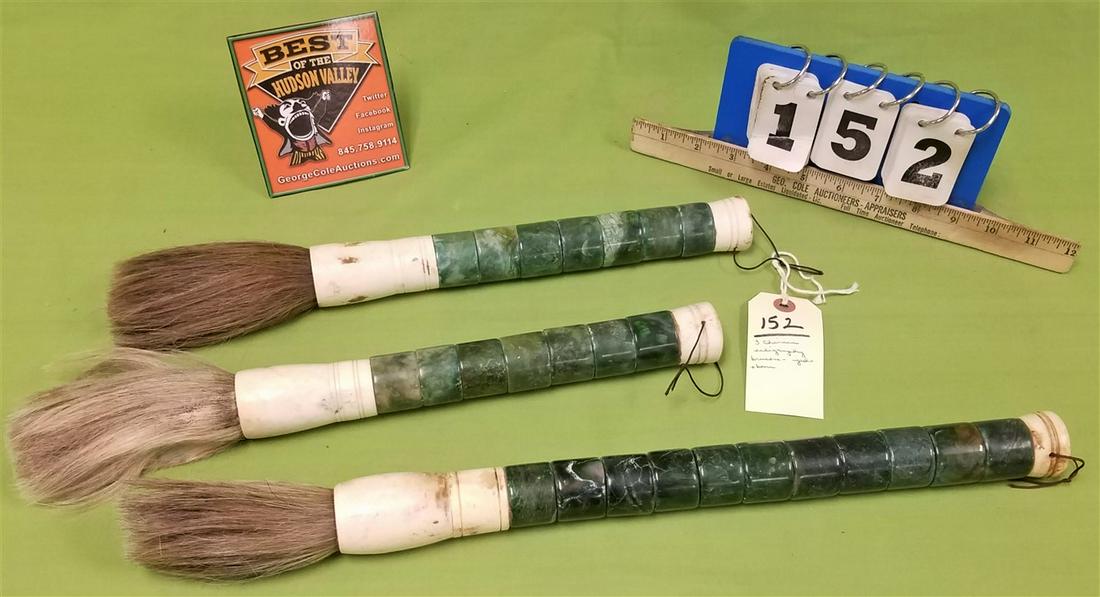 3 CHINESE CALLIGRAPHY BRUSHES, W/ JADE + BONE, 20.5" +: 3 CHINESE CALLIGRAPHY BRUSHES, W/ JADE + BONE, 20.5" + 2-16.5"