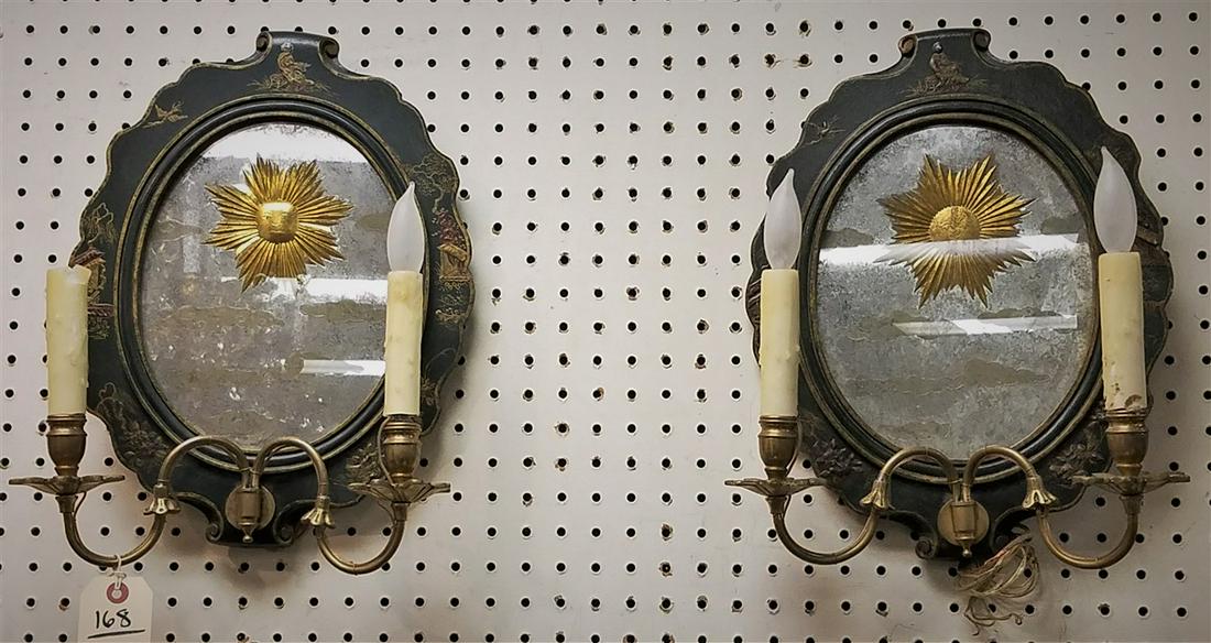 PR. CHINOISERIE WOOD FRAMED MIRRORED 2 LIGHT SCONCES, (1 of 2)