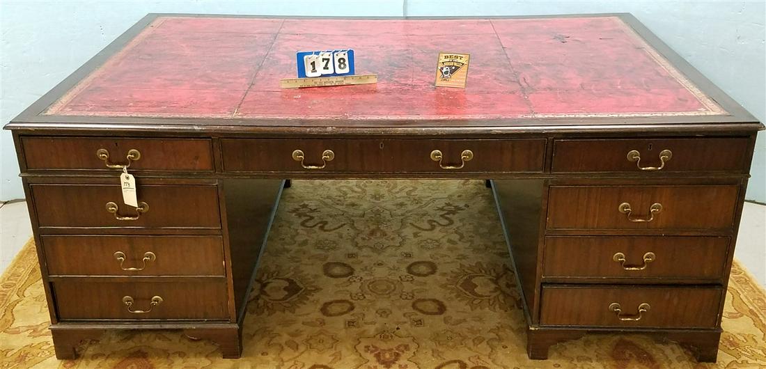 ENGLISH MAHOG. PARTNERS DESK W/ LEATHER TOP, 30"H X (1 of 3)