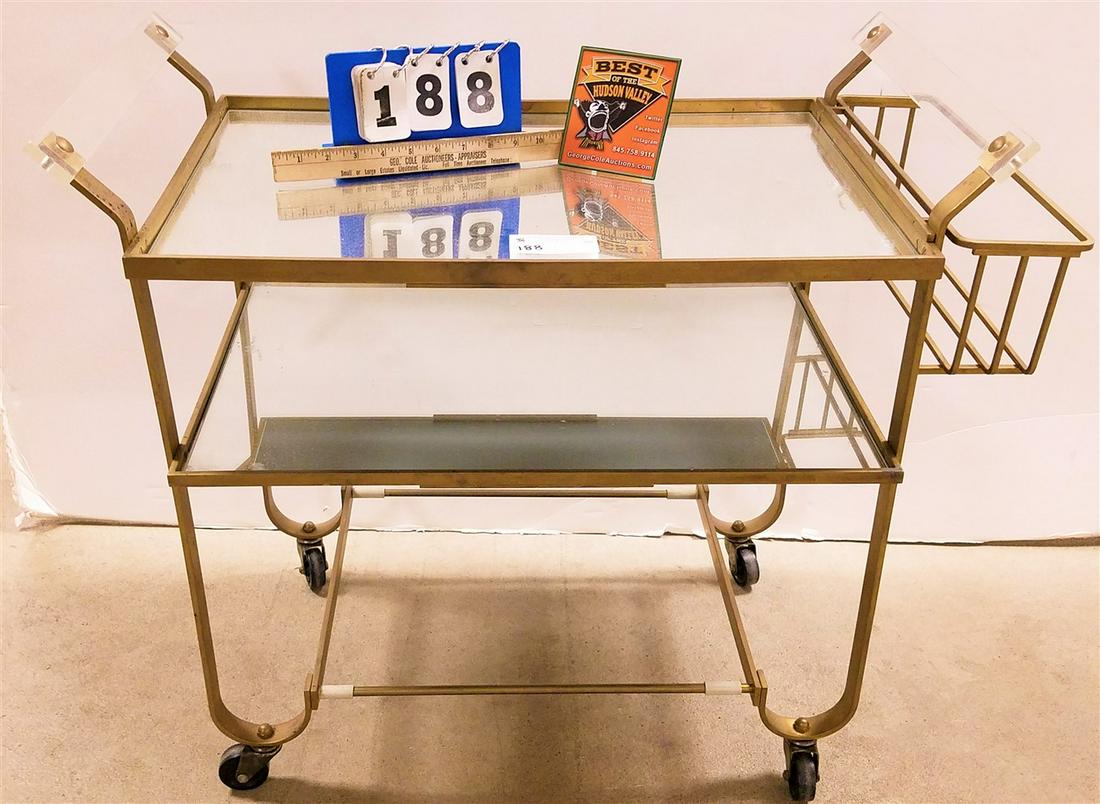 MID CENTURY BRASS & LUCITE MIRRORED BAR CART, 27"H X (1 of 2)