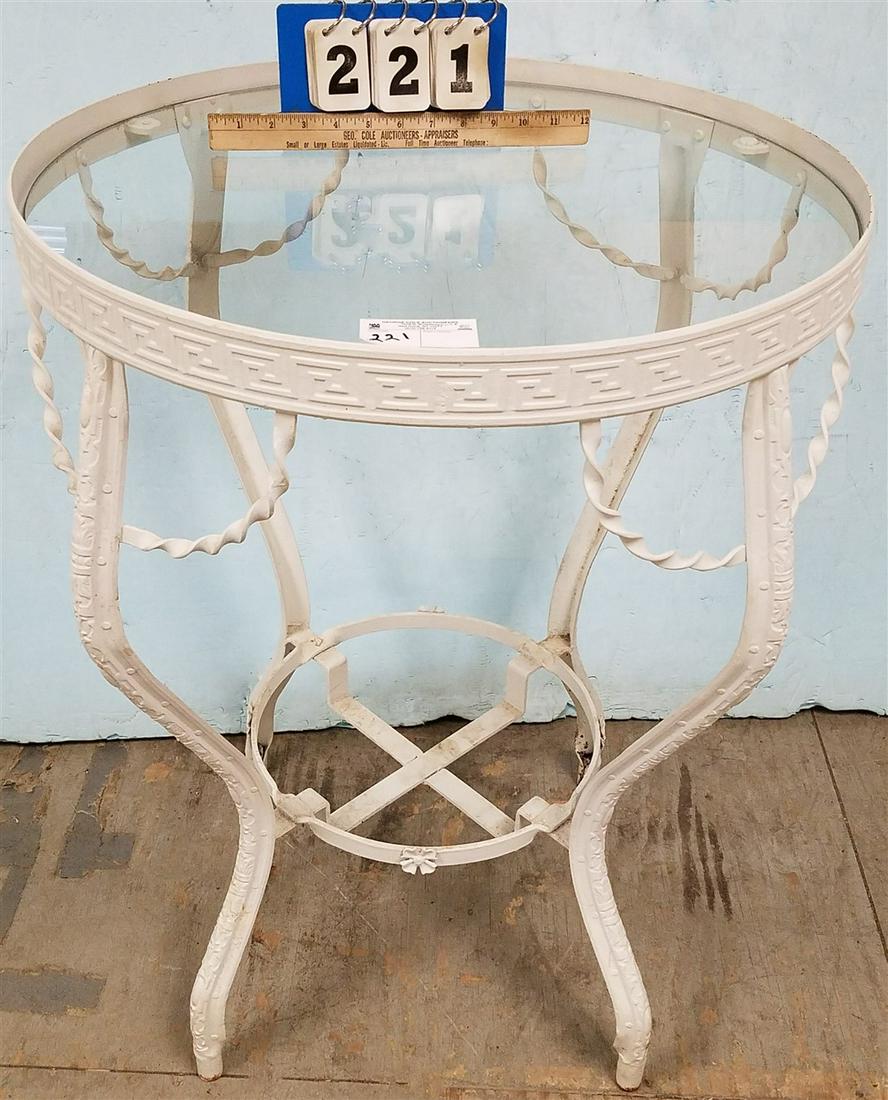 WROUGHT BASE GLASS TOP TABLE, 32"H X 24.5" DIAM. (1 of 2)