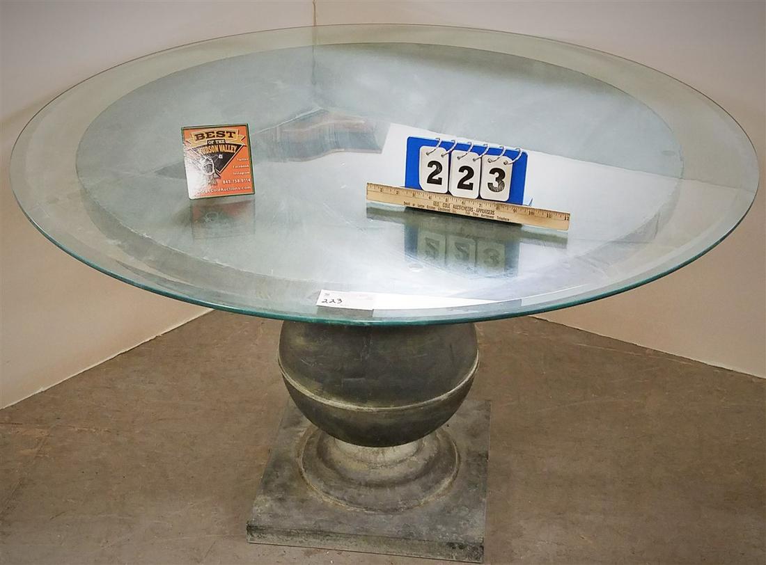 ZINC PED. BASE BEVELLED GLASS TOP TABLE, 27.5"H X 4' (1 of 1)