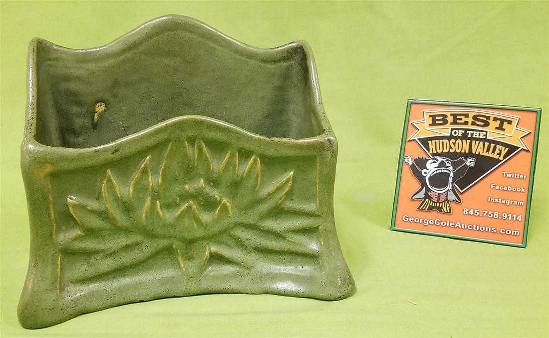 GLAZED POTTERY LETTER POCKET, SGND. H.J., 6.5"H X 8"W X: GLAZED POTTERY LETTER POCKET, SGND. H.J., 6.5"H X 8"W X 4"D (HANS DE JONG?)