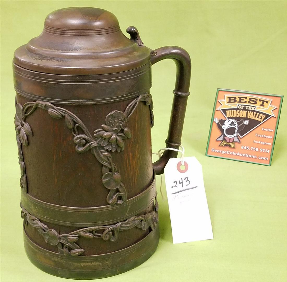 19th c. OAK + PEWTER BEER STEIN, 10"H X 5.75" DIAM. (1 of 5)