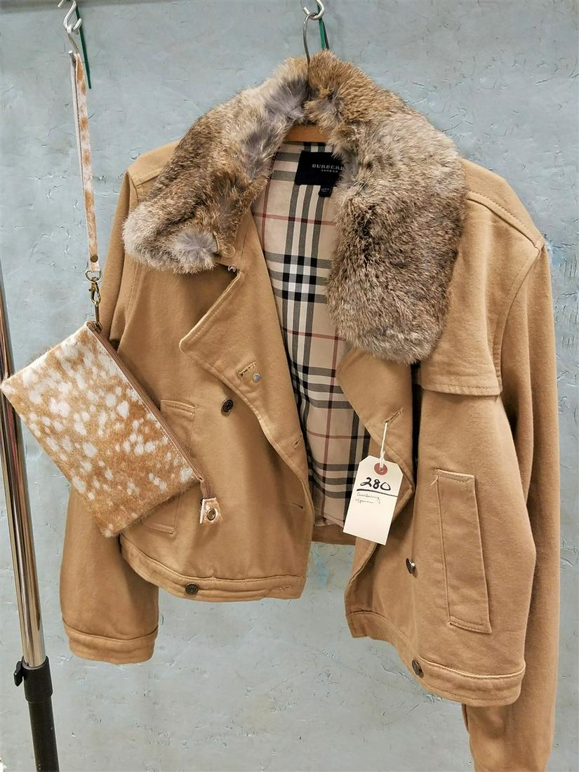 BURBERRY DENIM JACKET W/ RABBIT COLLAR W/ LEATHER PURSE (1 of 5)
